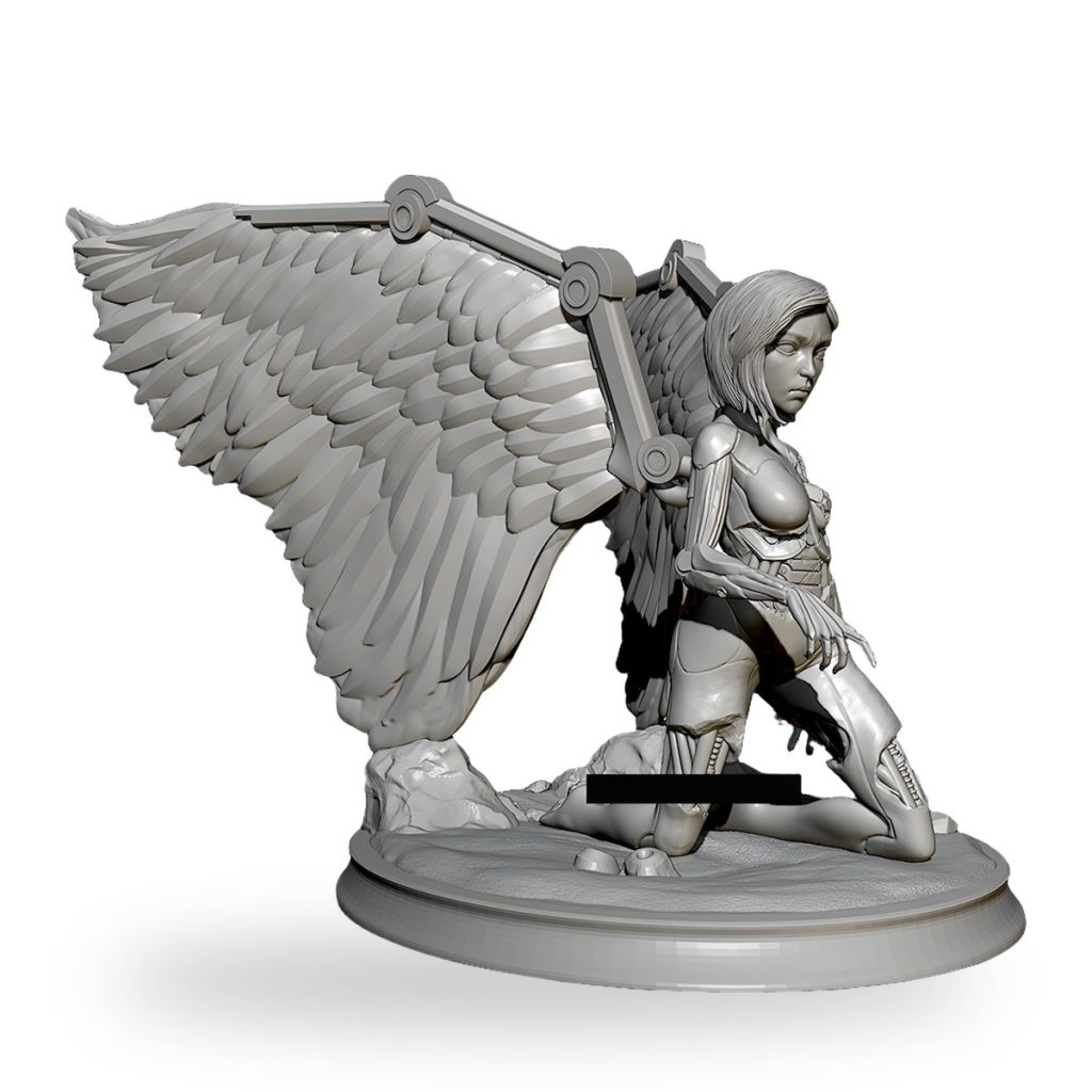 Unpainted cyborg angel kneeling with mechanical wings on circular base.