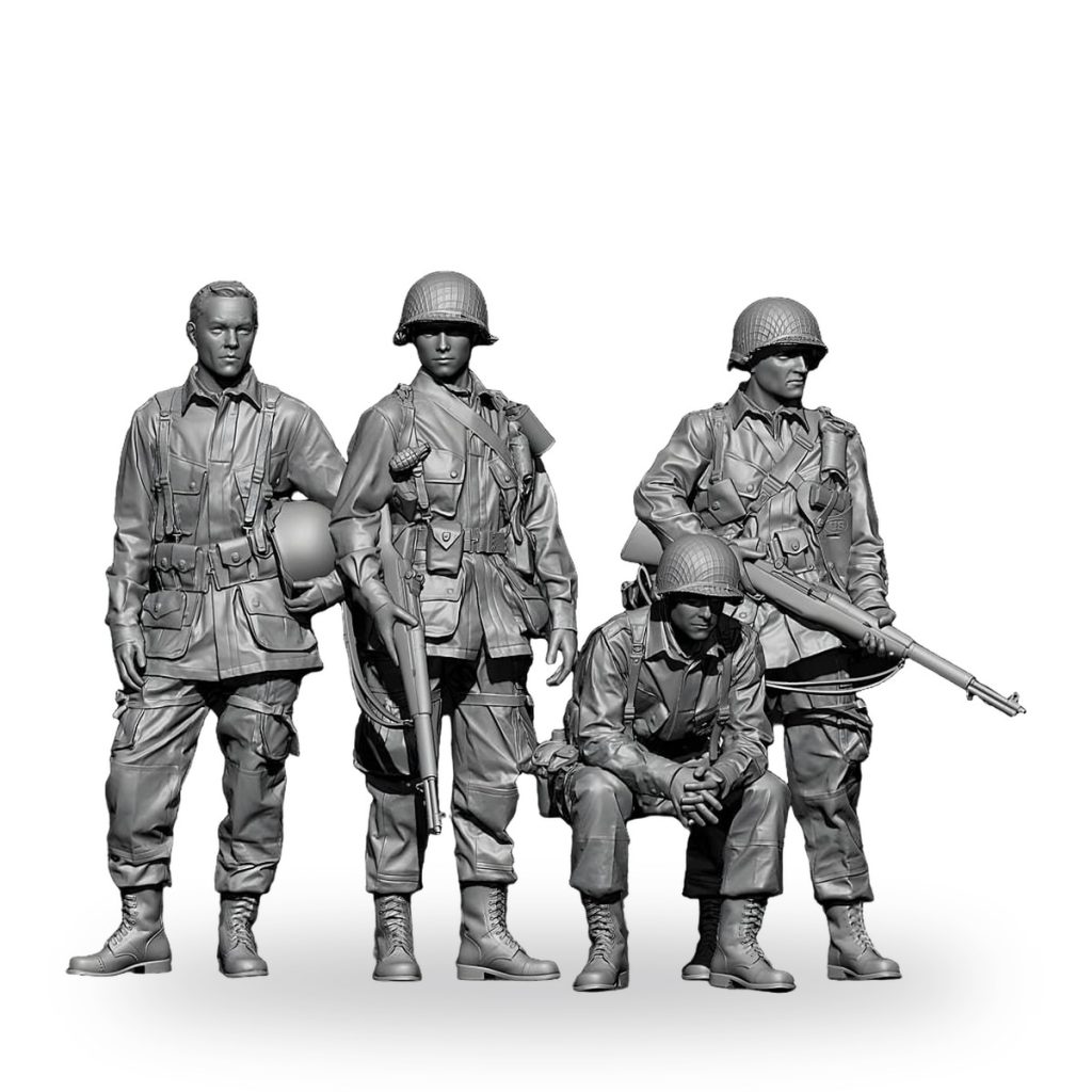 Unpainted 4-piece WWII US soldier miniature figures in various poses.