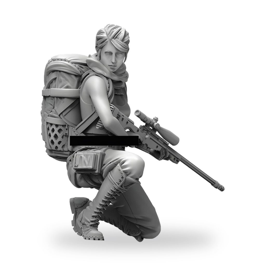 Unpainted female sniper soldier miniature in crouching pose with rifle and backpack.