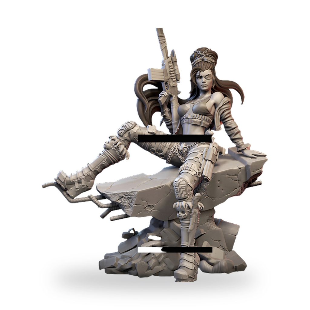 Unpainted female soldier in cyberpunk gear holding rifle on rocky base.