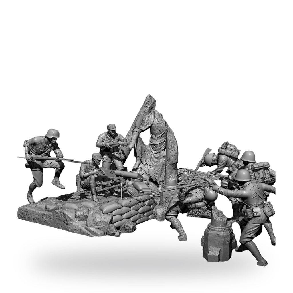 Unpainted WWII soldier miniature set with base and statue centerpiece.