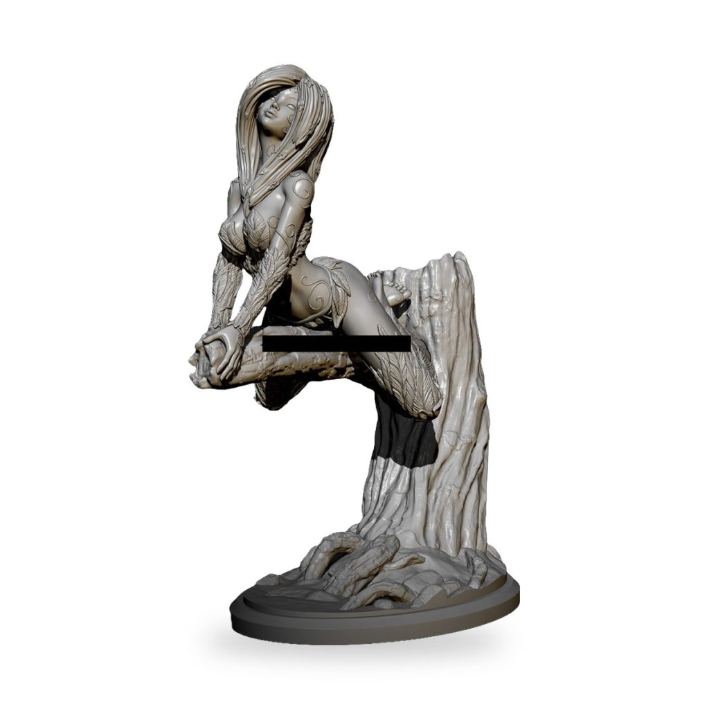 Unpainted forest sprite nymph fairy GK figure perched on tree stump base.