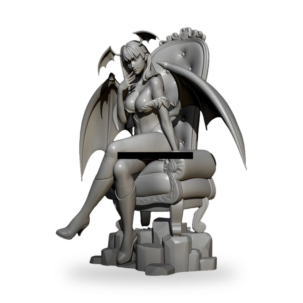 Unpainted resin figure of seated female devil with bat wings on ornate chair.