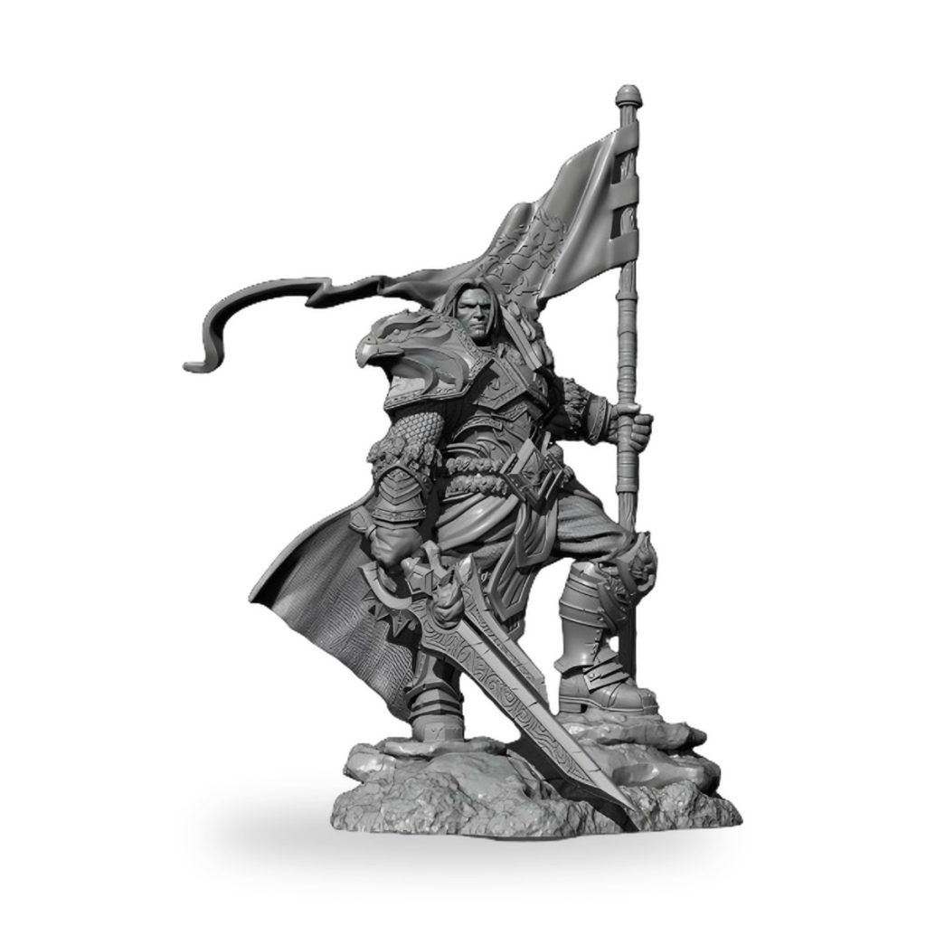 Unpainted fantasy warlord warrior holding flag and sword on rocky base.