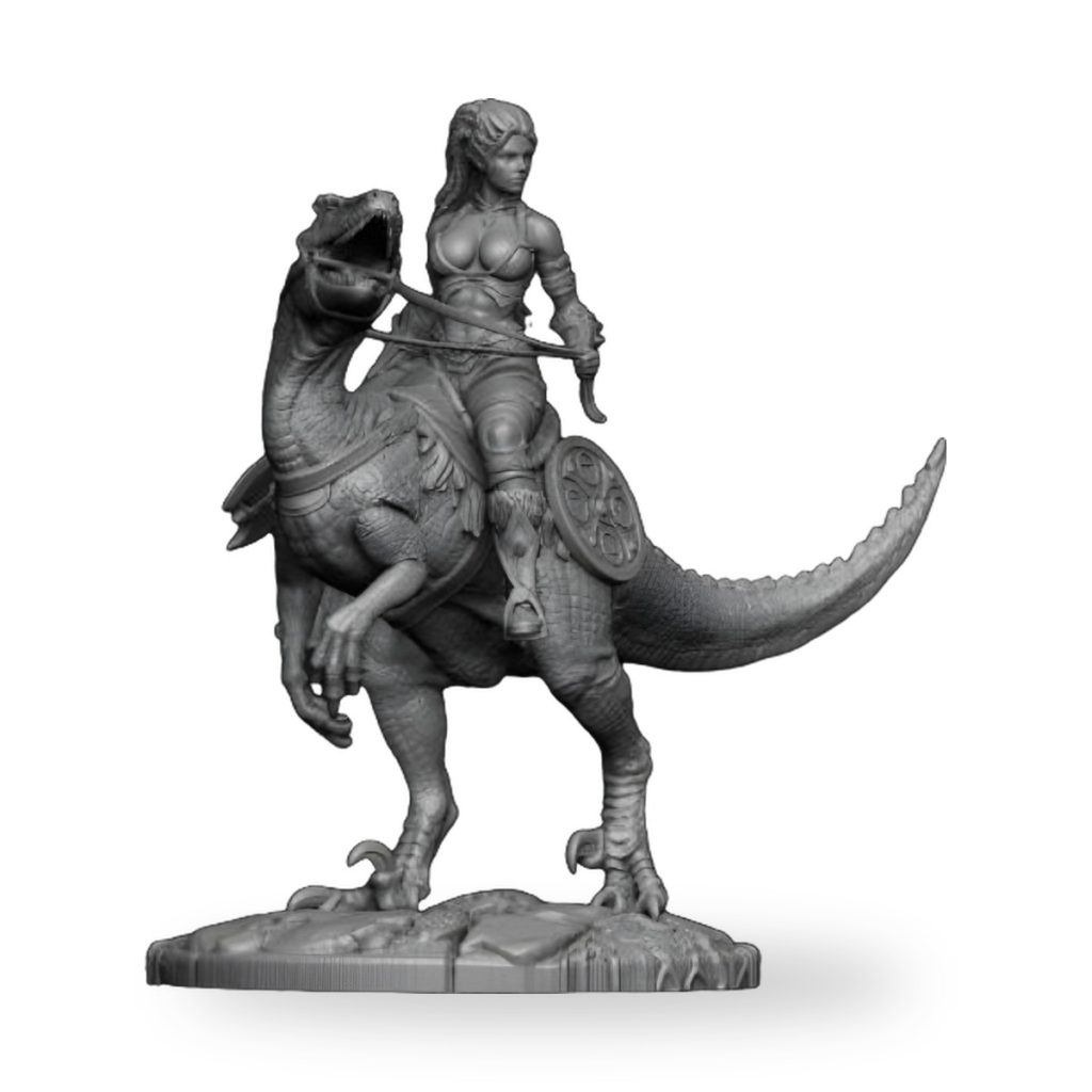 Unpainted resin figure of woman warrior riding dinosaur on rocky base.