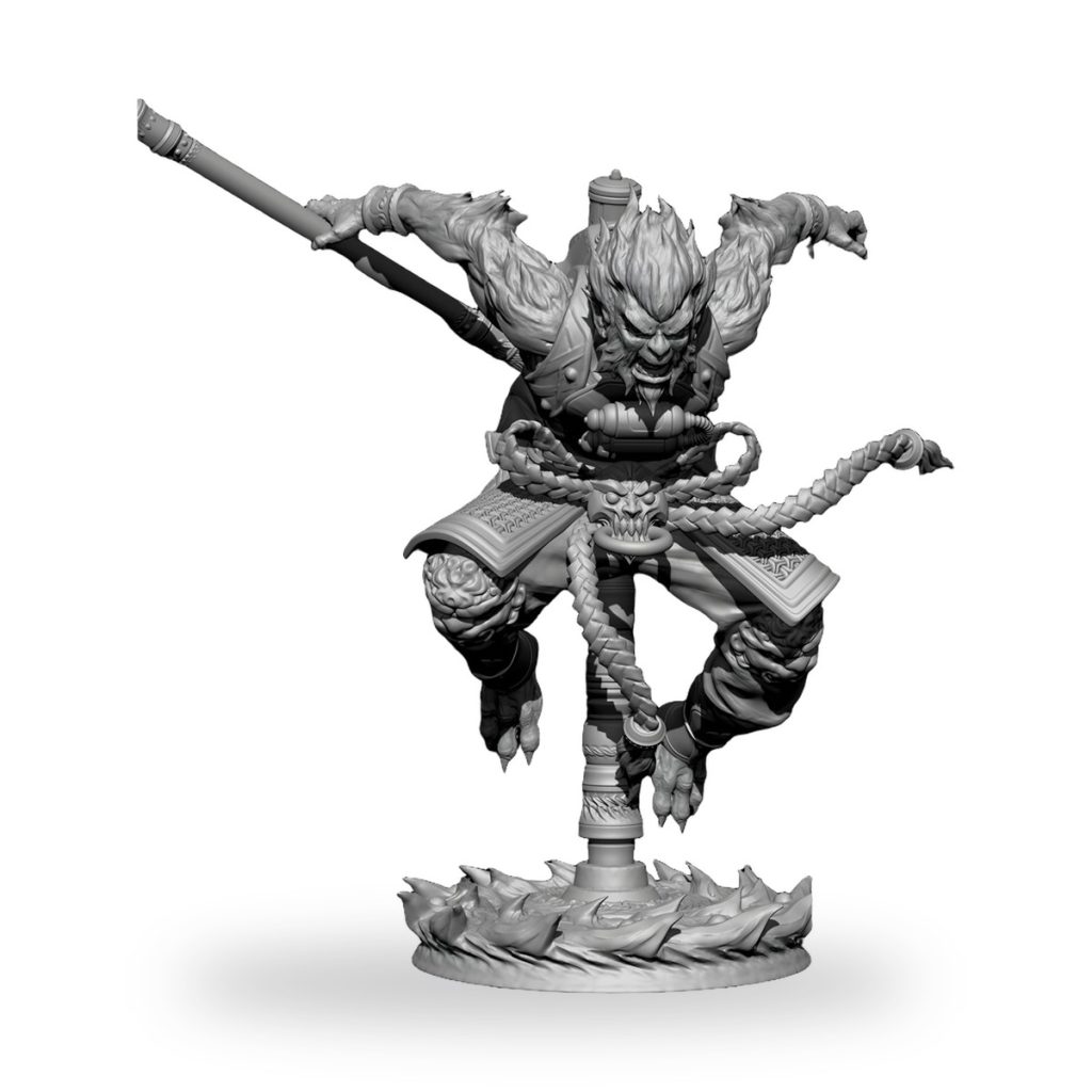 Unpainted Wukong Monkey King figure in dynamic pose with staff and rope.