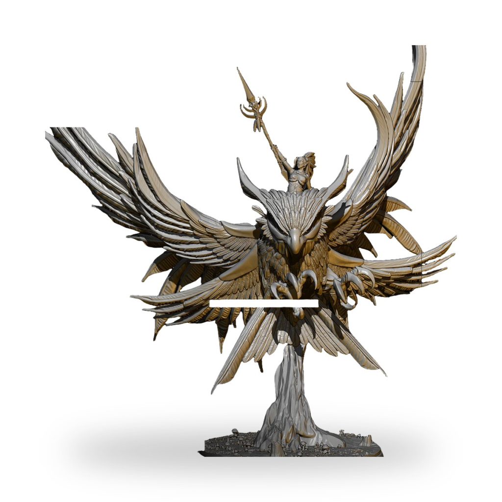 Unpainted resin figure of ancient giant war hawk rider chief with spread wings and spear.