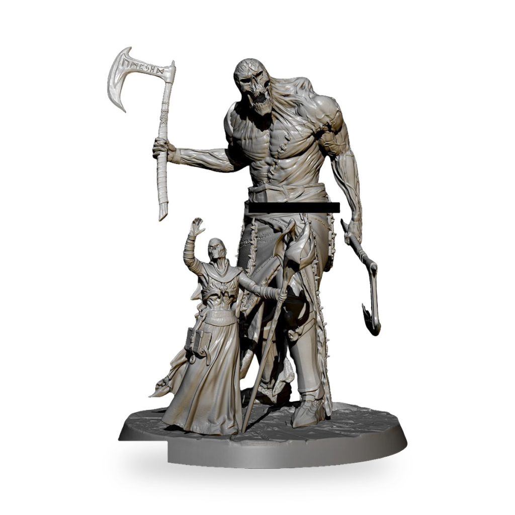 Unpainted resin figure of necromancer with undead giant monster holding axes on base.