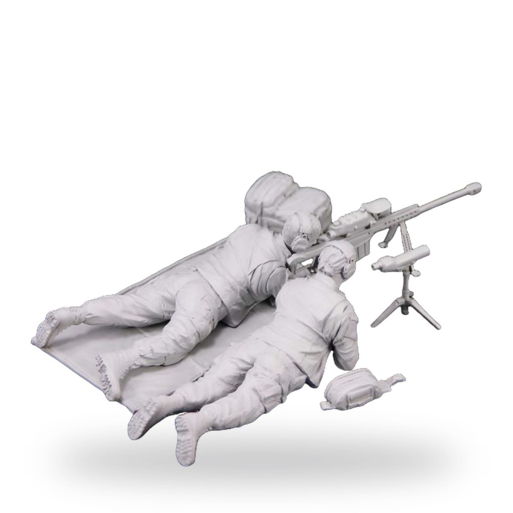 Unpainted 1/35 resin sniper and spotter team miniature in prone position with rifle.