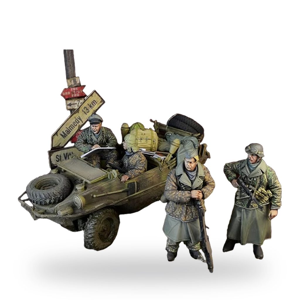 WWII German soldiers in jeep with road signs and gear.