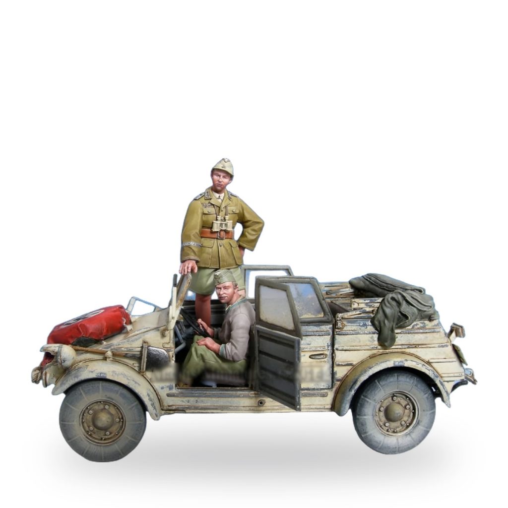 Unpainted WWII German officer and soldier in open-top vehicle with gear.