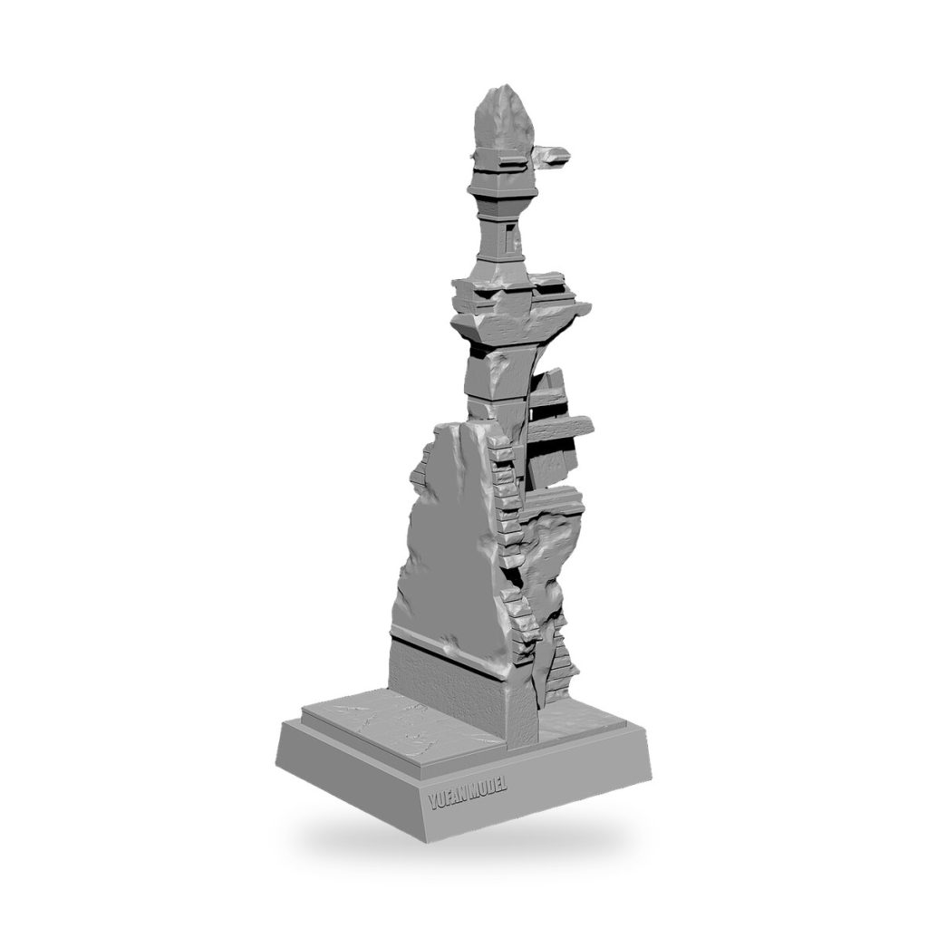 Unpainted resin wall post ruin diorama with layered stone textures and base.
