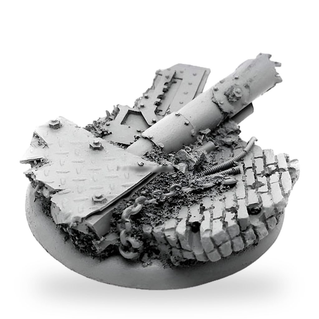 Unpainted resin diorama of destroyed tank turret and rubble on circular base.