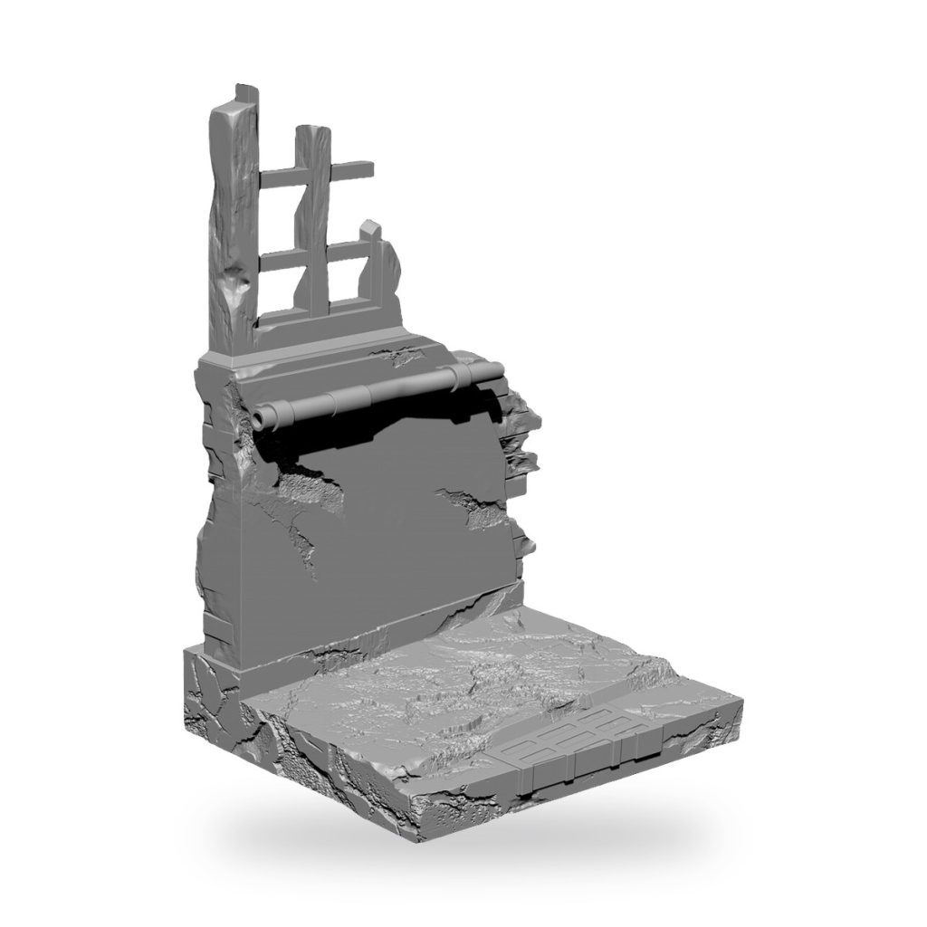 Unpainted broken wall battlefield scene with cannon and debris.