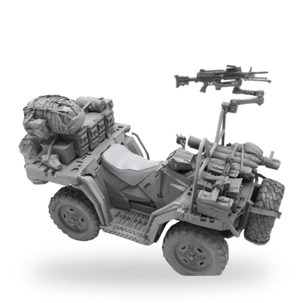 Unpainted 1/35 scale US military ATV with mounted machine gun and gear.