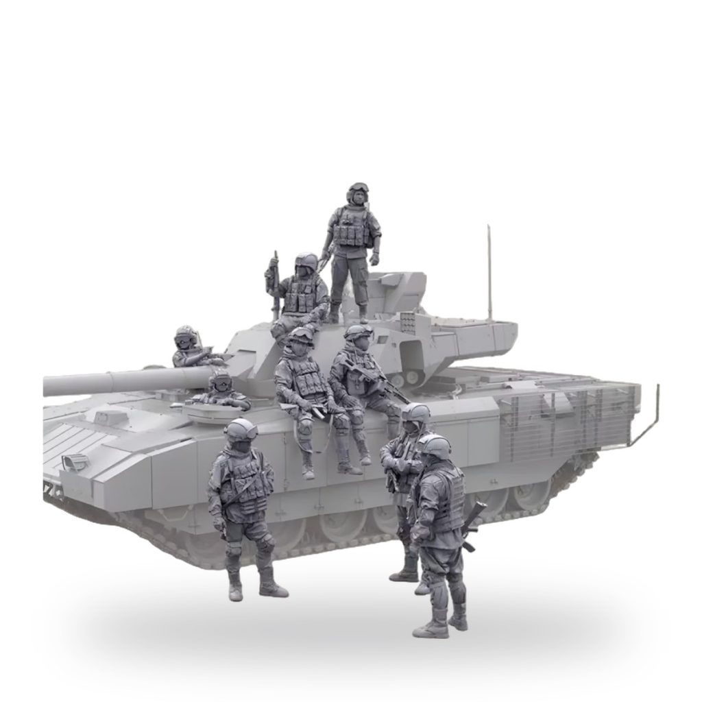 Unpainted 1/35 resin tank crew and infantry figures in combat gear.