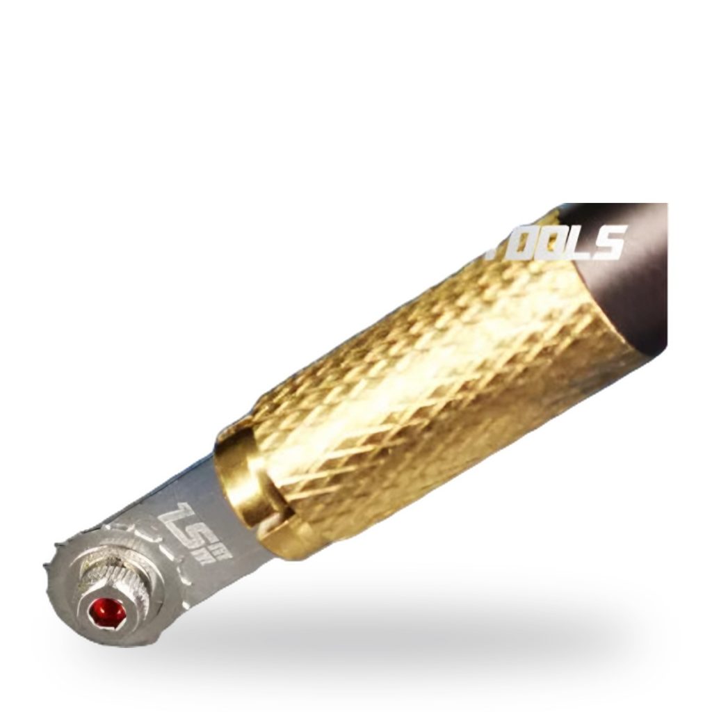 Detail of gold-textured handle with red-tipped marking knife pen from Rivet Galaxy Tools hobby kit.