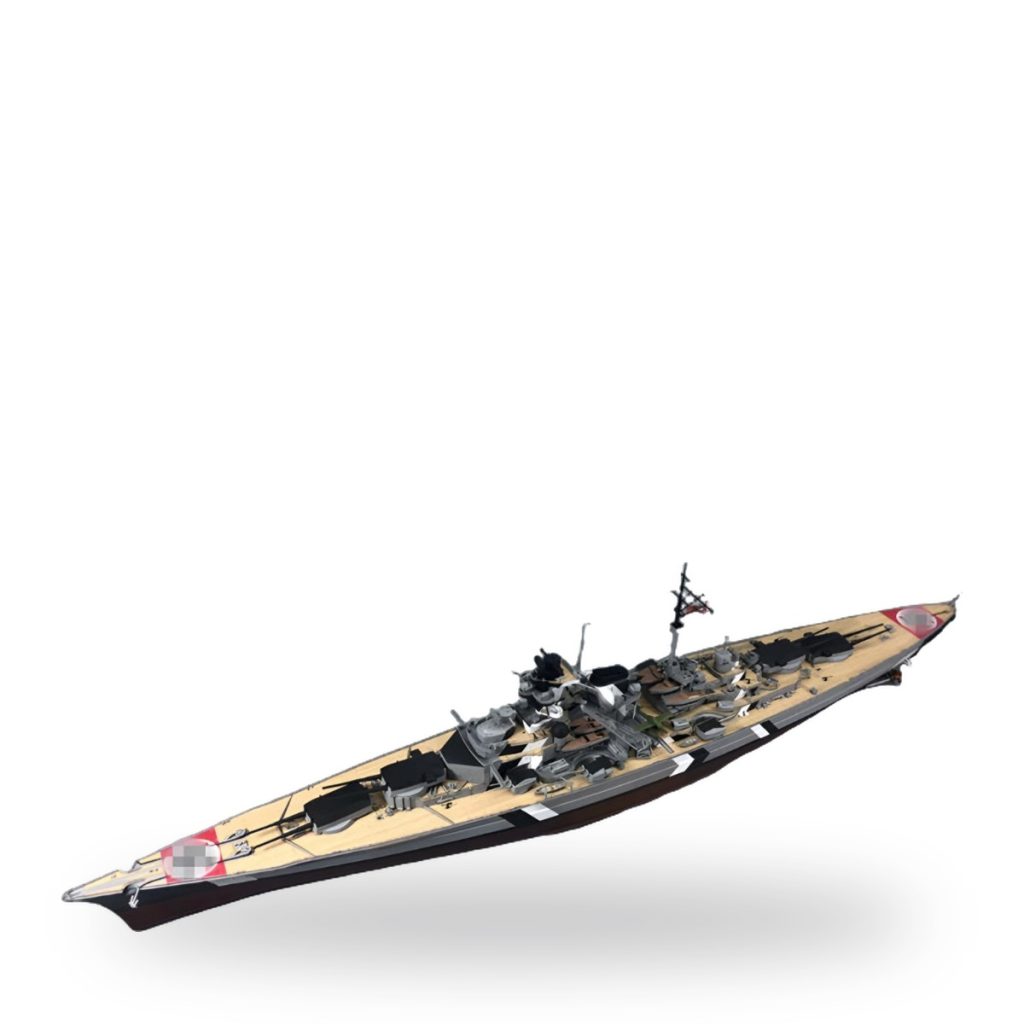Unpainted Bismarck battleship model with detailed superstructure and deck features.