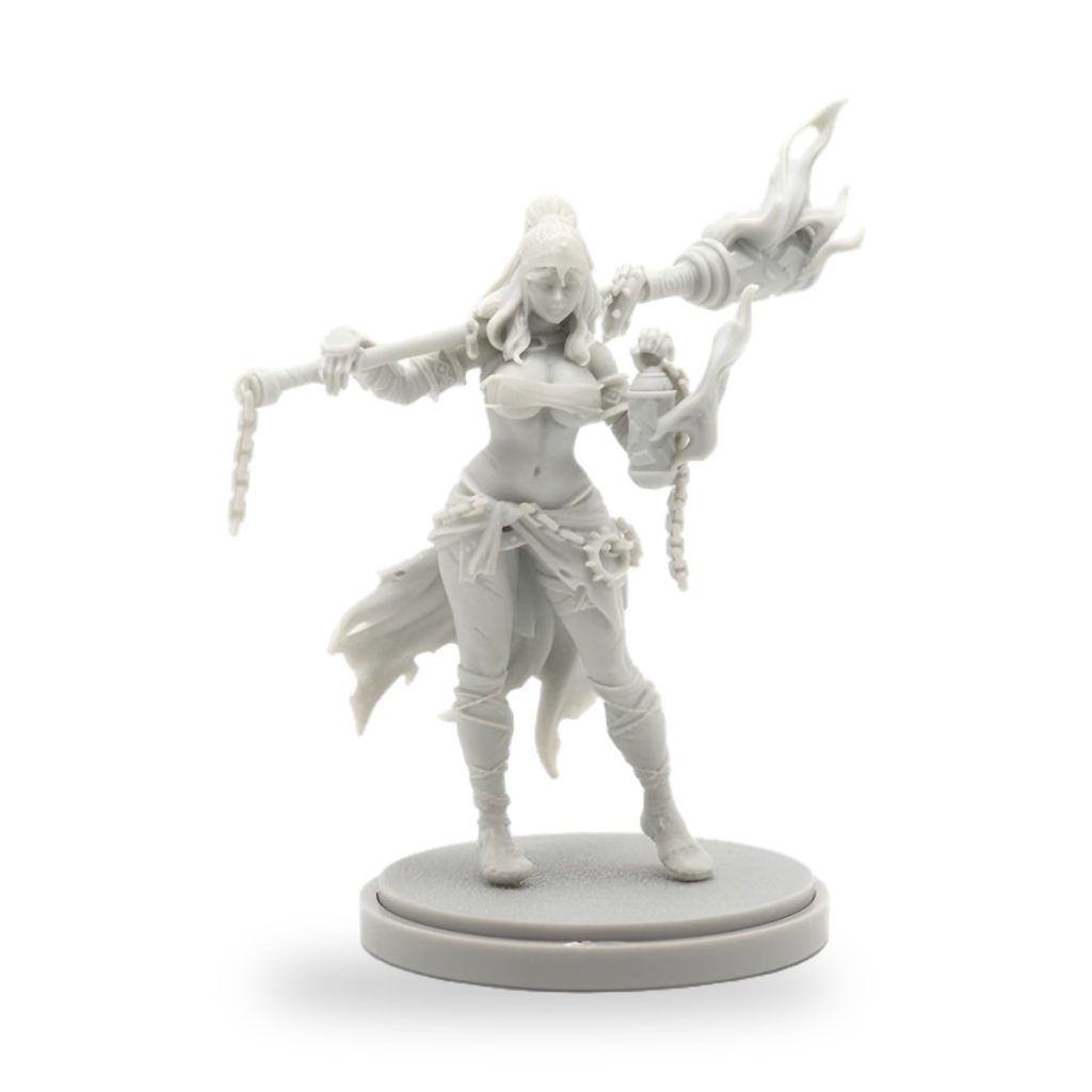Unpainted female fantasy warrior holding torch and staff on circular base.