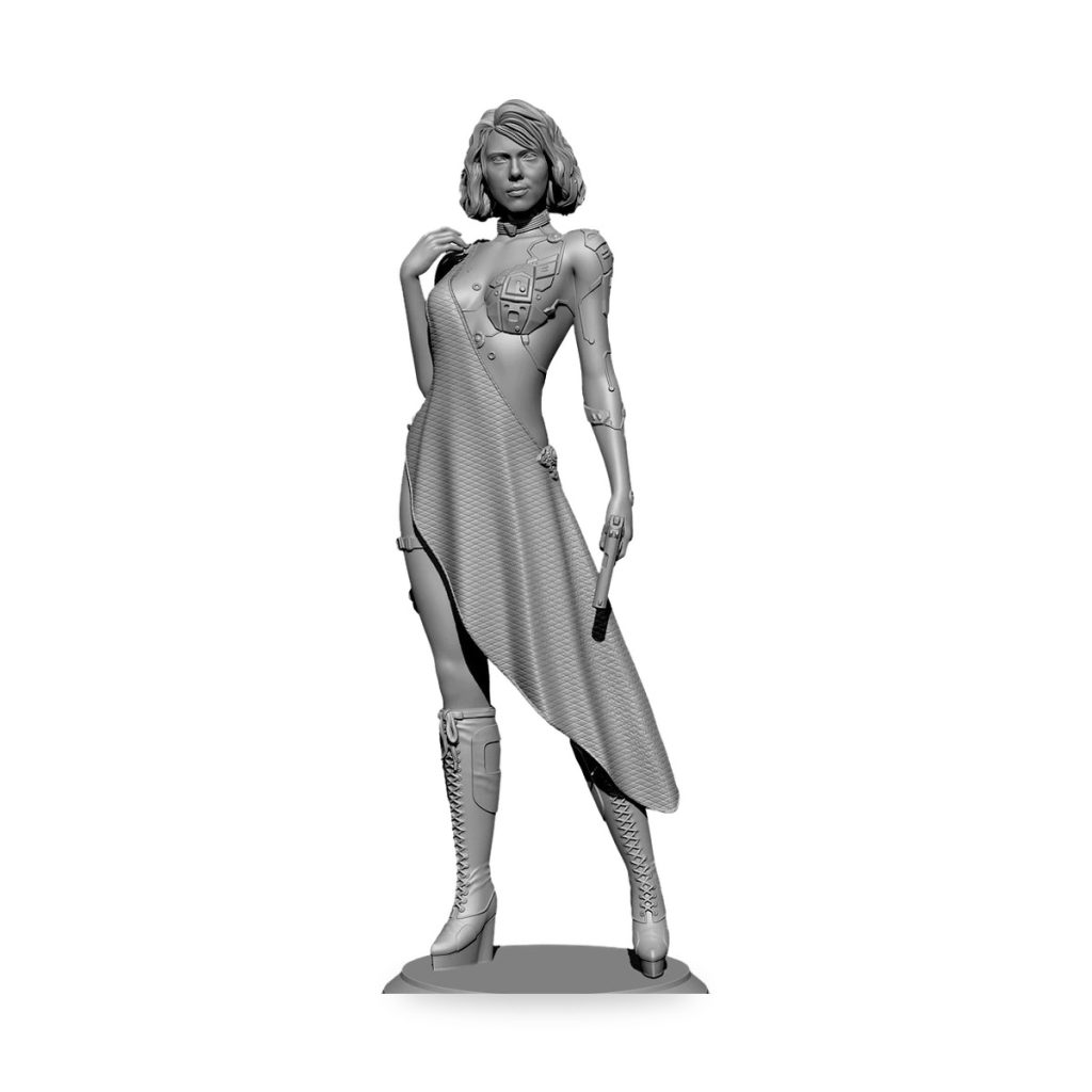 Unpainted resin figure of female cyborg spy in tactical dress holding pistol.