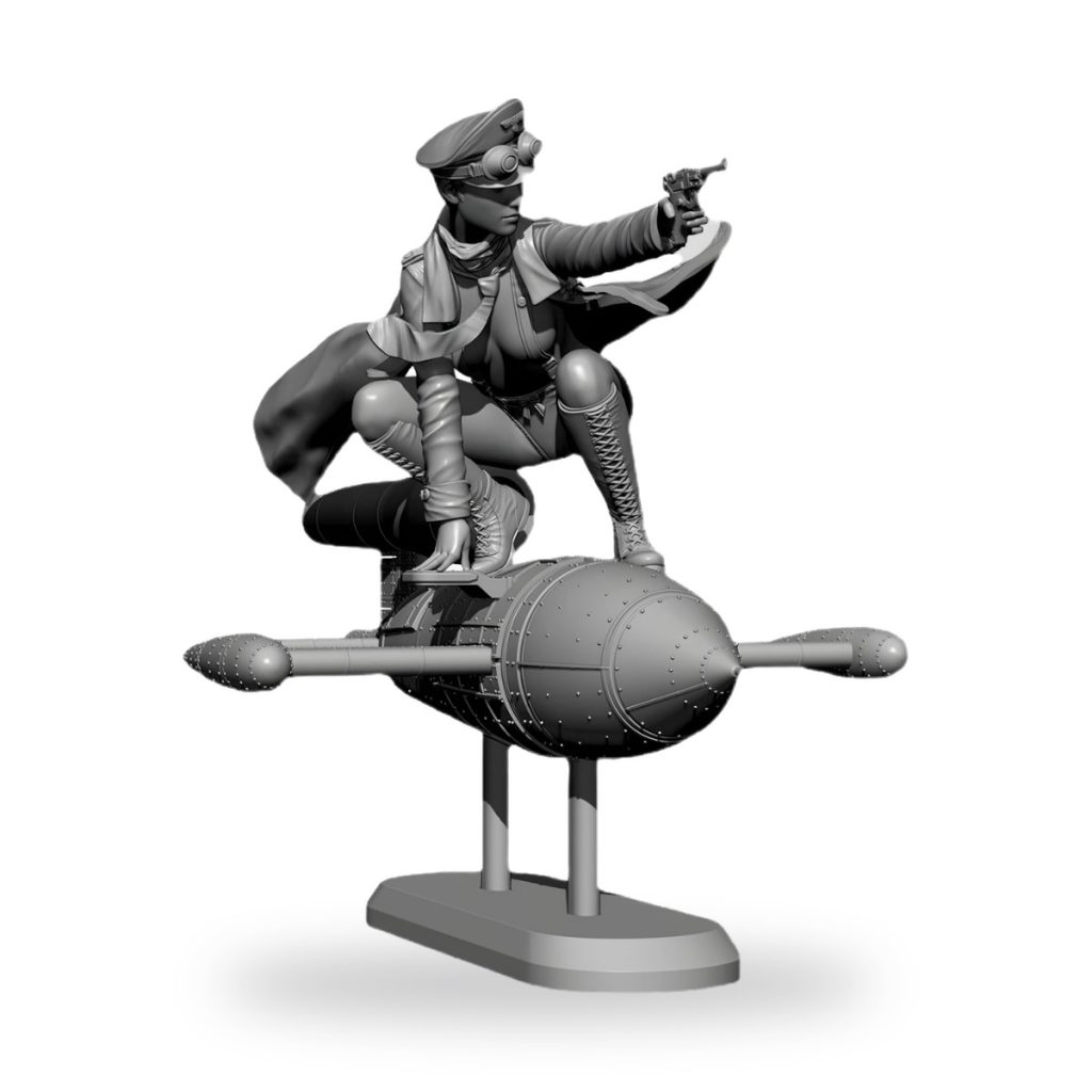 Unpainted female officer on missile with gun and goggles.