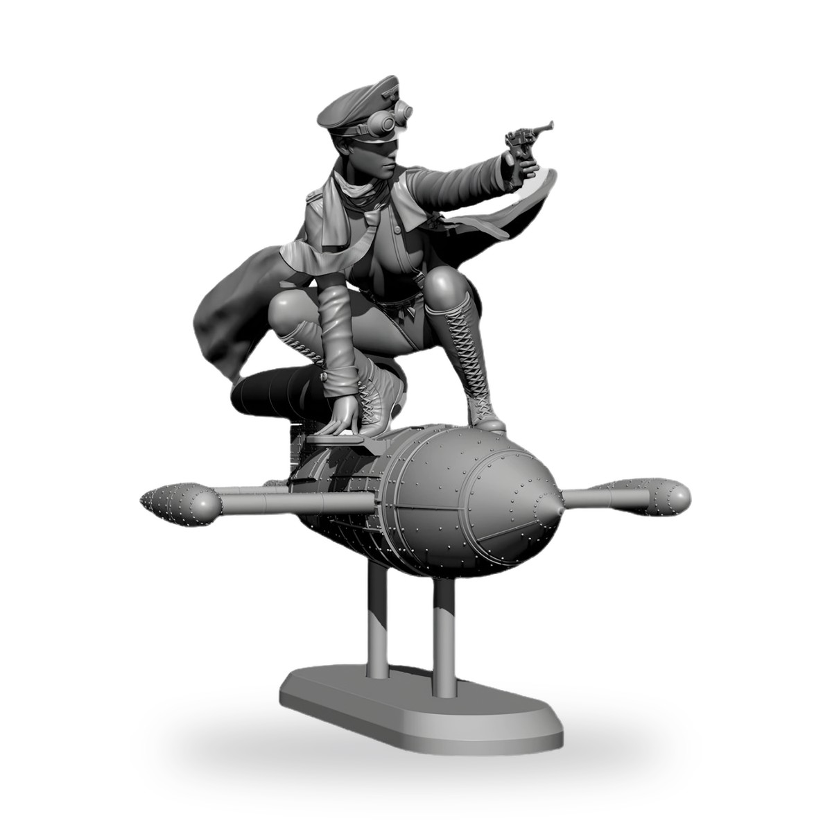 Unpainted female officer on missile with gun and goggles.