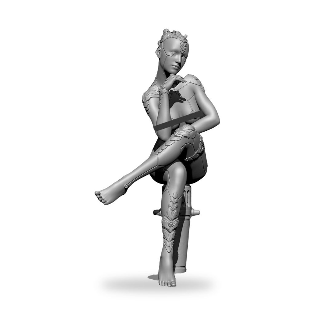 Unpainted cyborg robot assassin figure in seated pose with mechanical details and futuristic armor.