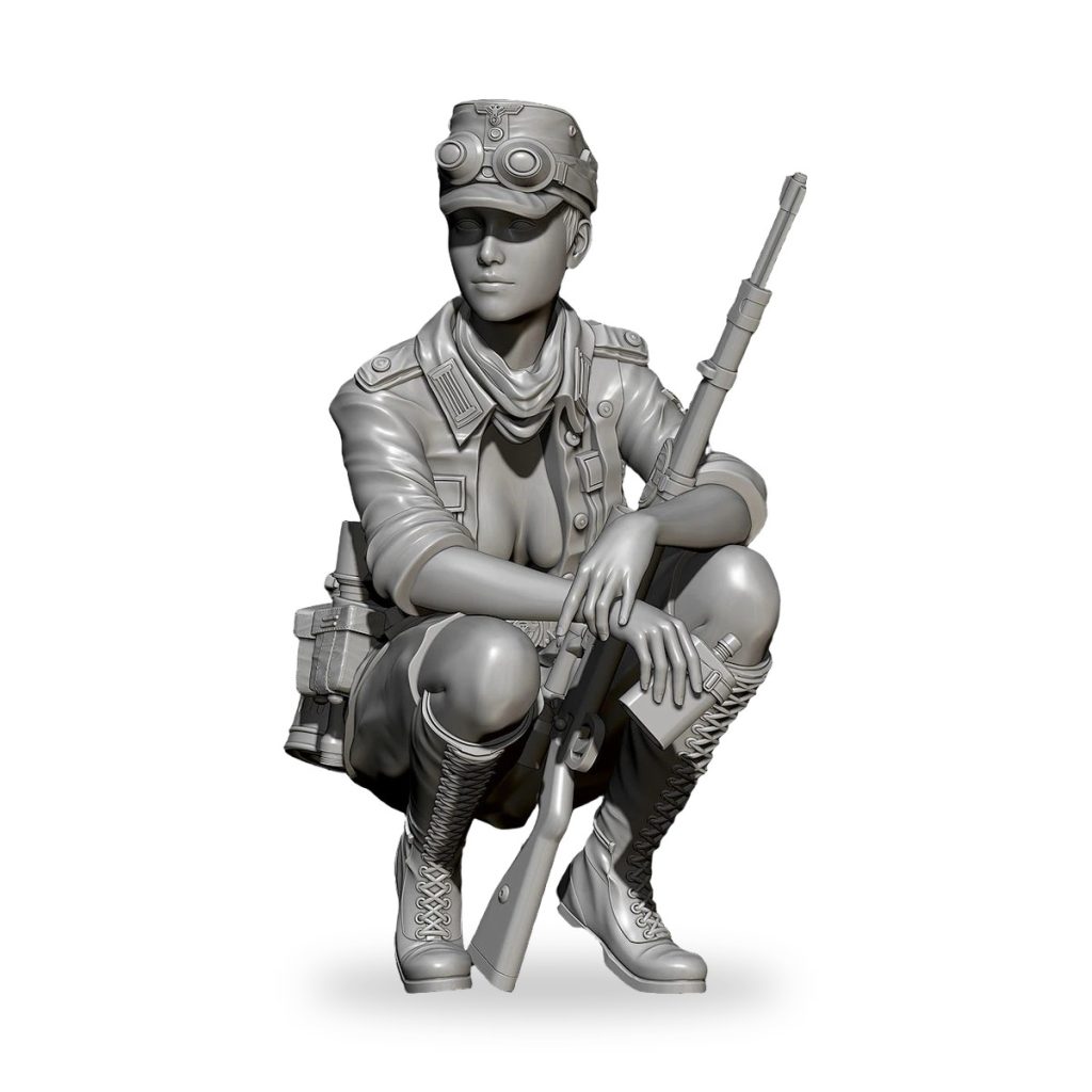 Unpainted female soldier miniature in crouching pose with rifle and military gear.