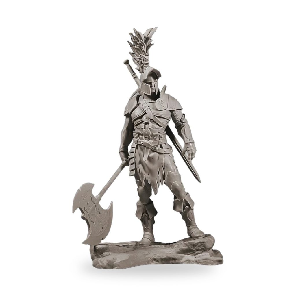 Unpainted GK Ancient Warrior Goth Roman Soldier Resin Model Kit Figure on rocky base holding axe and sword.