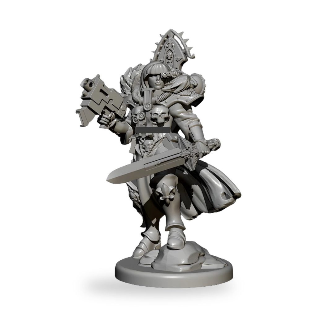 Unpainted female armored warrior holding sword and gun on base.