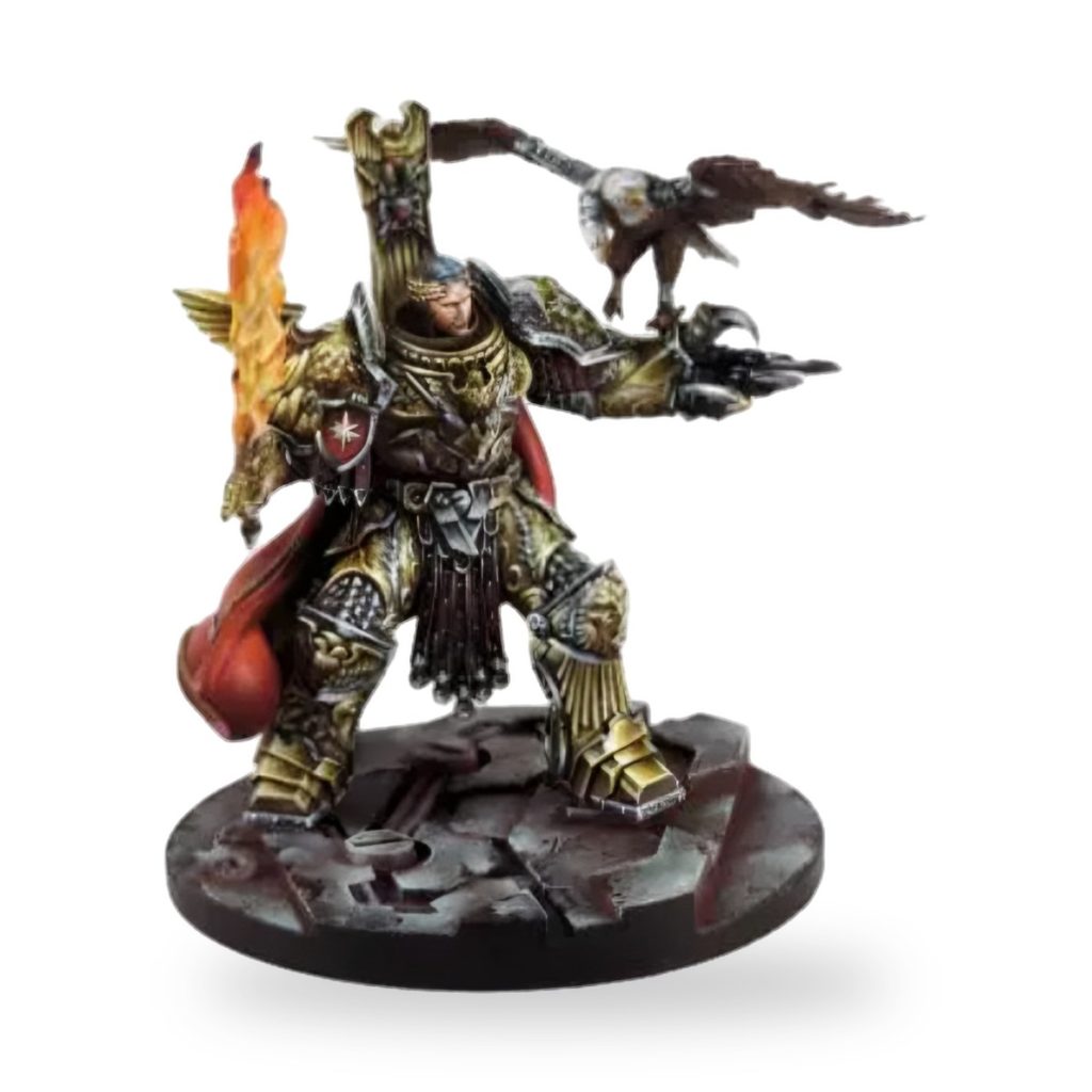 Unpainted GK Knight Falconer holding flaming sword and falcon on arm.