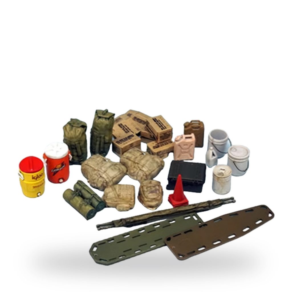Unpainted 1/35 scale military base equipment set including bags, boxes and tools.
