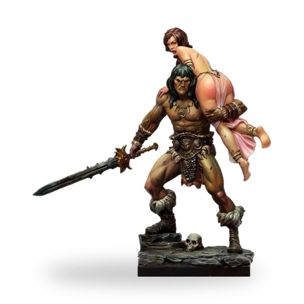 Unpainted resin figure of muscular barbarian warrior carrying princess with sword and skull base.