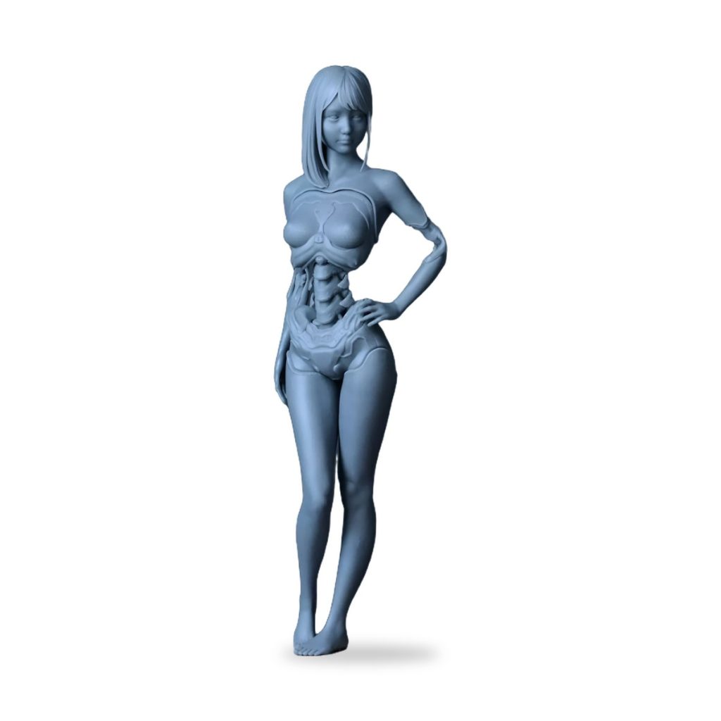 Unpainted blue female sci-fi skeleton figure with exposed internal organs and skeletal structure.