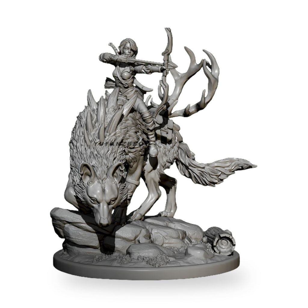 Unpainted resin figure of archer riding wolf-like creature with antlers on rocky base.