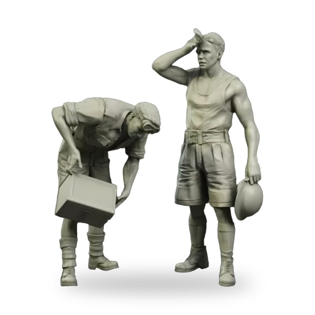 Unpainted 1/35 resin figures of two British barracks base workers.