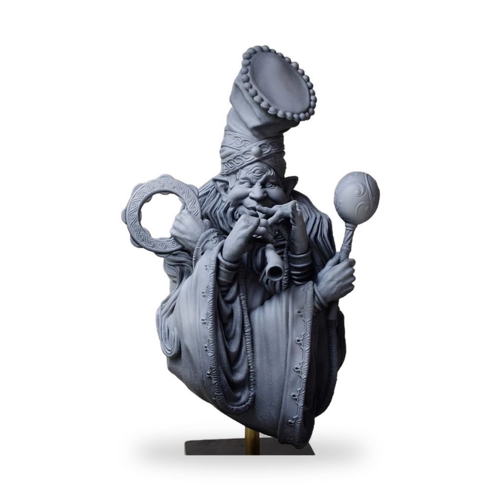 Unpainted gray bust of ancient three-eyed musician with instruments and ornate hat.