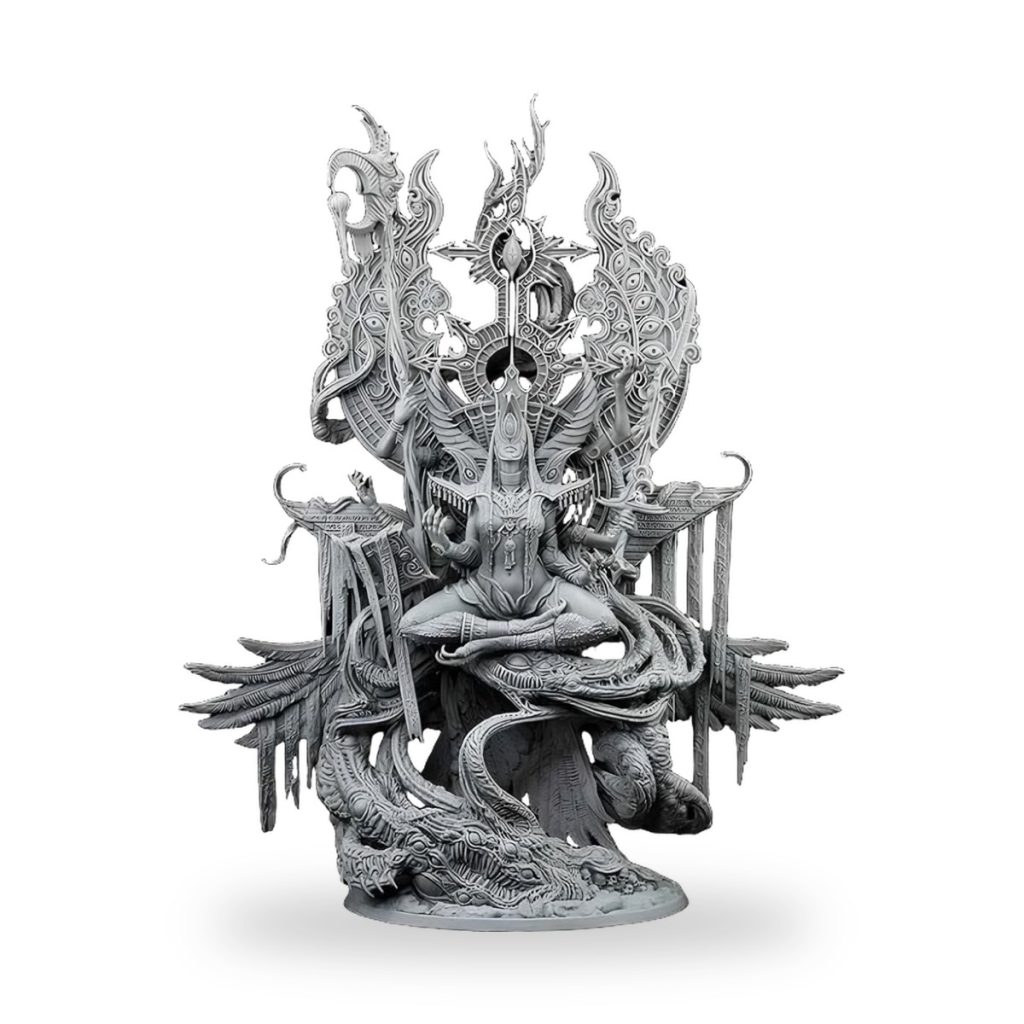 Unpainted GK Ancient Goddess seated on ornate throne with dragon motifs and intricate carvings.