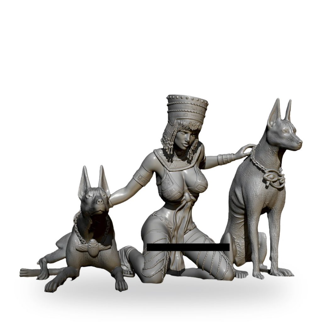 Unpainted resin figure of ancient Egyptian princess with two hounds.