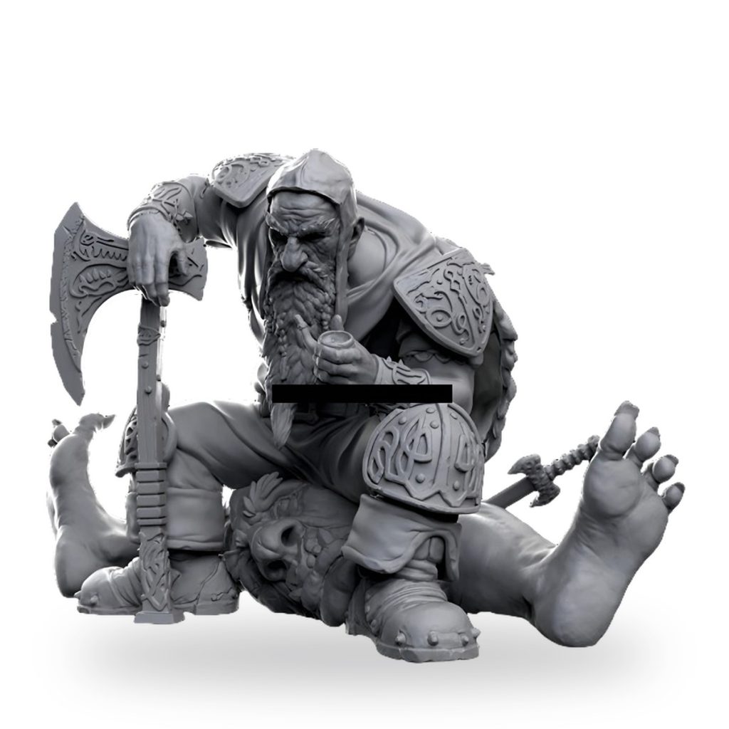 Unpainted dwarf warrior with axe and shield crouching over fallen troll.