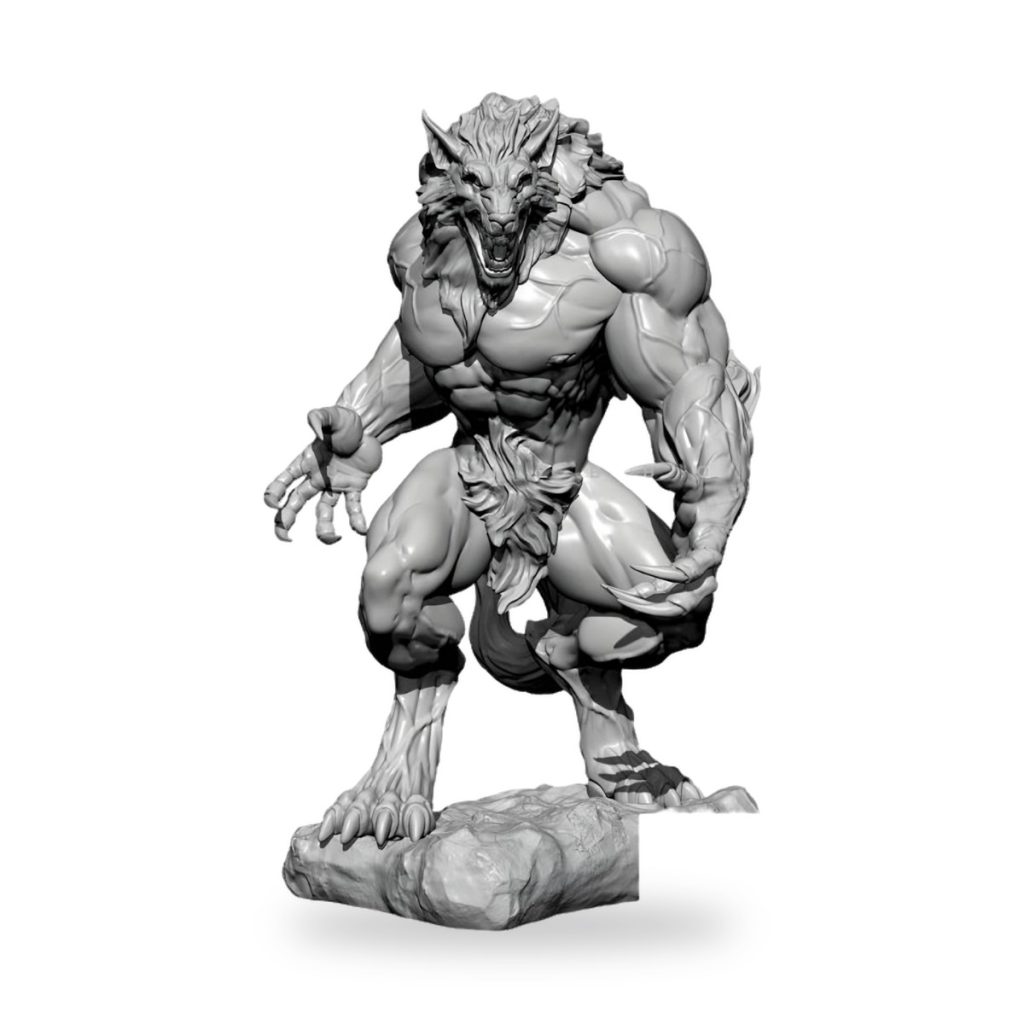 Unpainted werewolf statue with muscular build and rocky base.