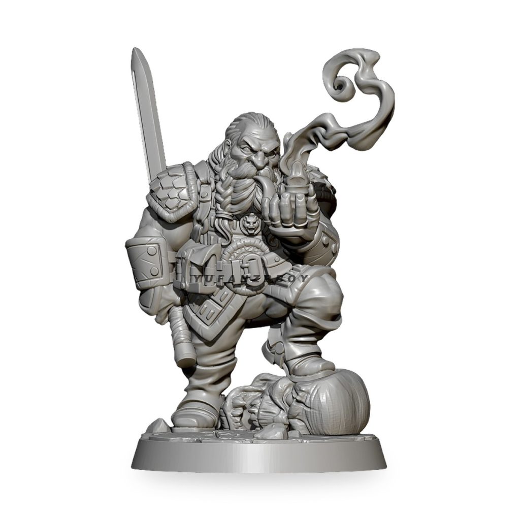 Unpainted fantasy dwarf warrior with sword and smoking pipe on base.