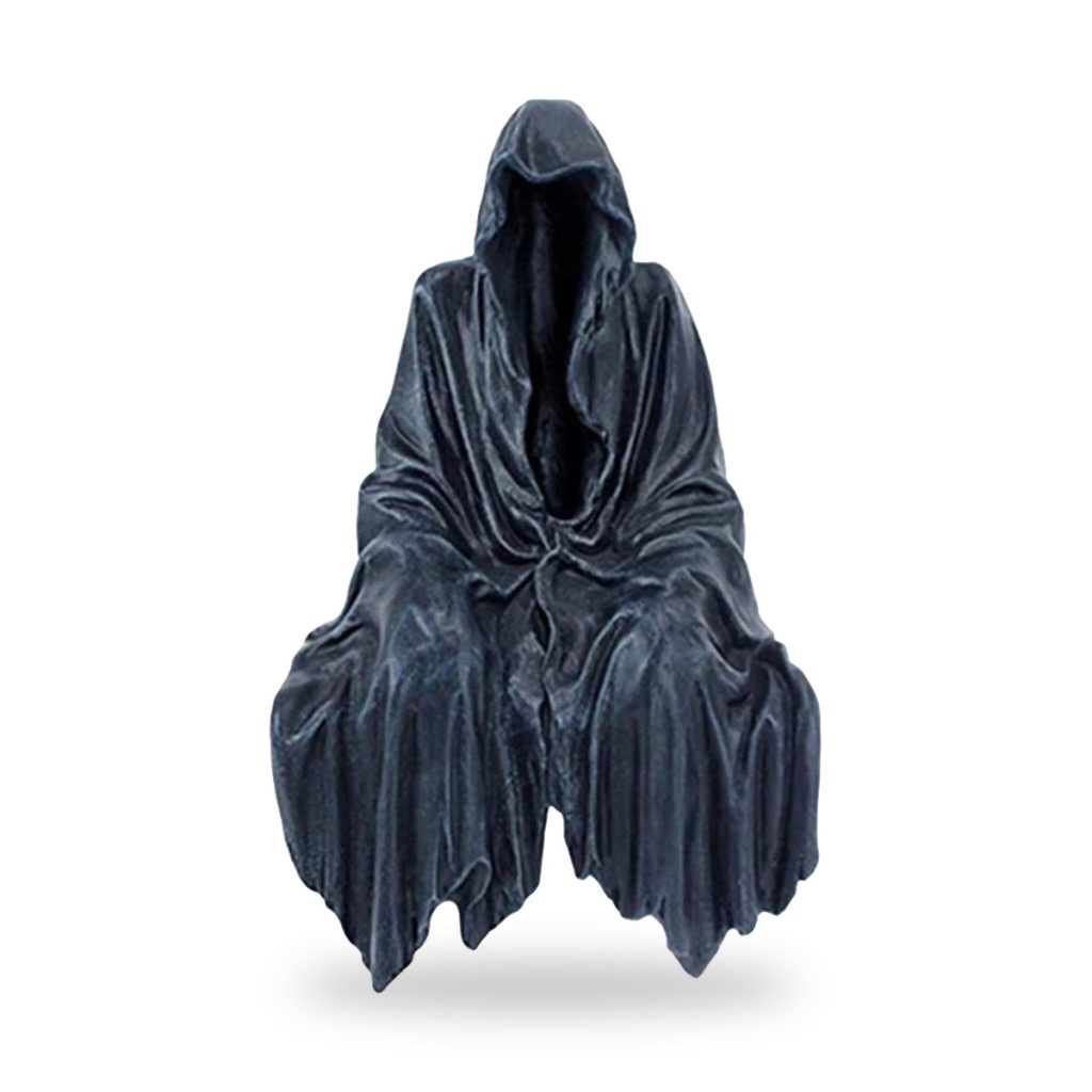 Unpainted Grim Reaper wraith figurine in dark hooded robe, seated pose.