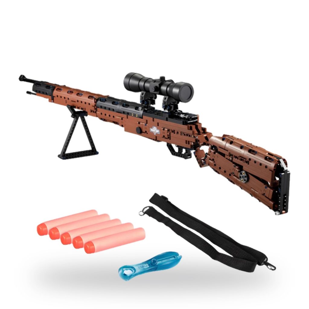 Brown plastic building block sniper rifle with scope and accessories.