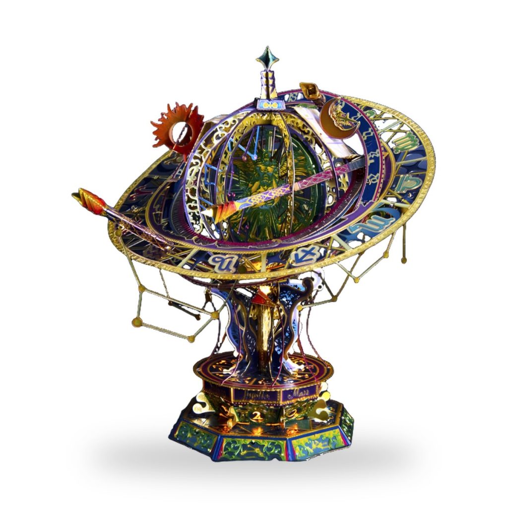 Unpainted celestial globe with constellations and zodiac symbols on ornate base.