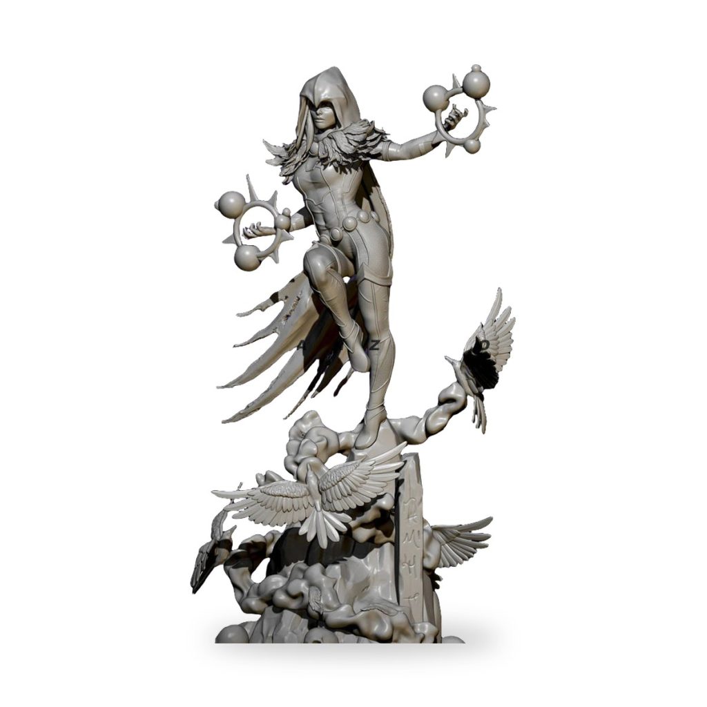 Unpainted fantasy witch figure with raven companions on rocky base.