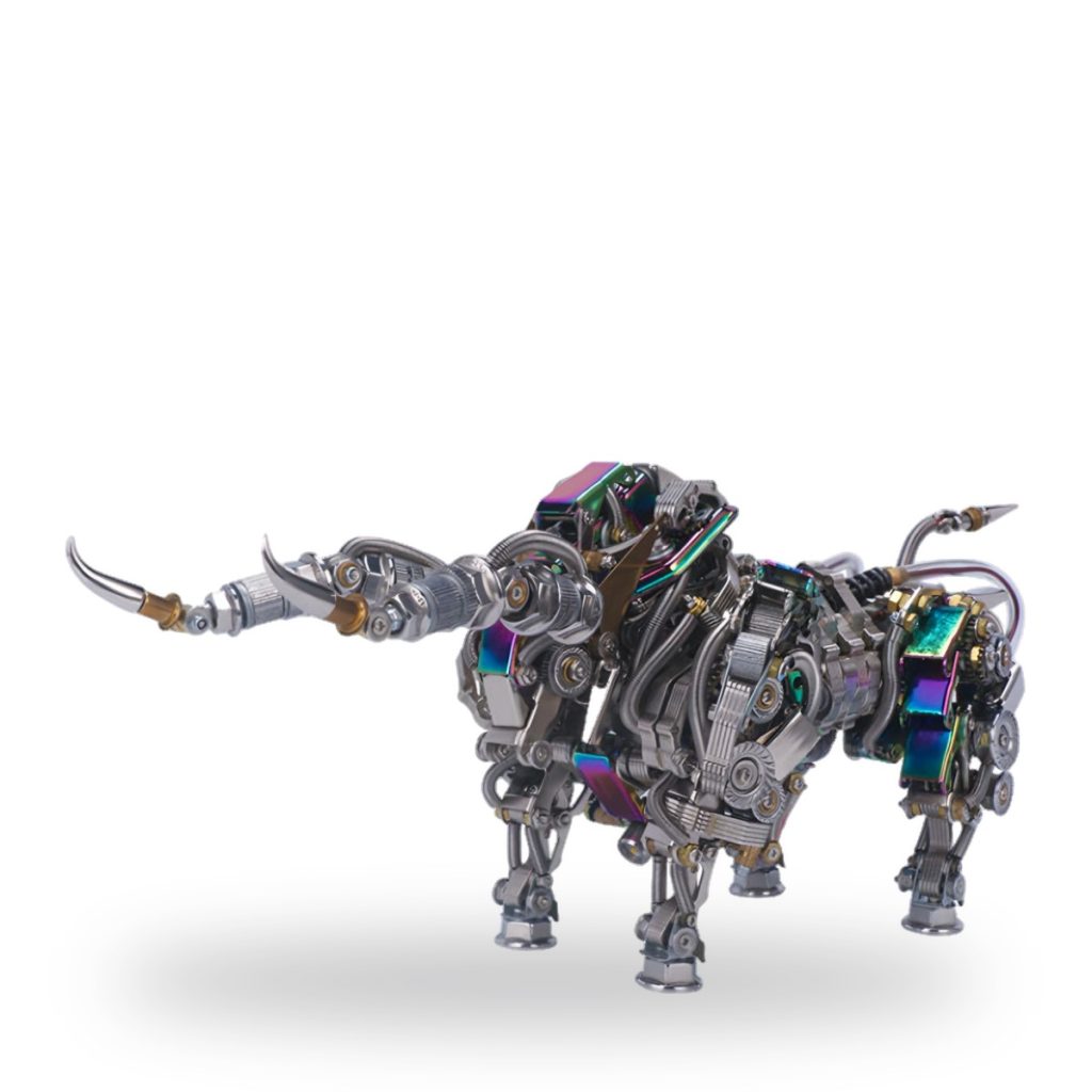 Unpainted mechanical bull model with metallic parts and colorful accents.