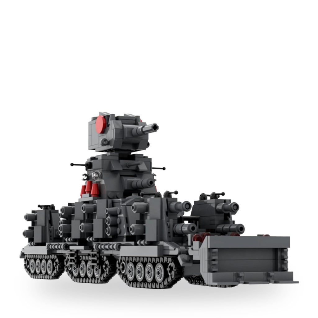 Unpainted grey and red heavy tank with multiple turrets on tracks.