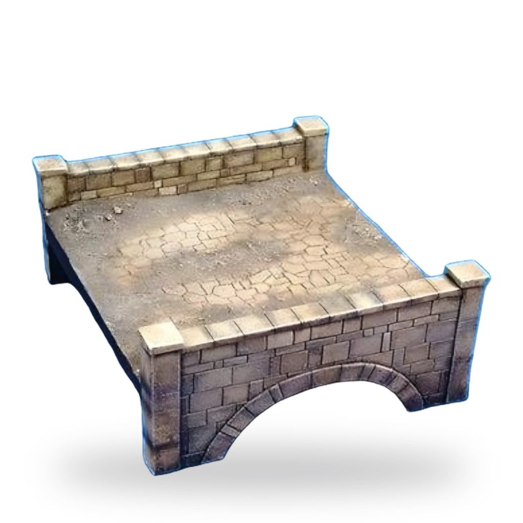 Unpainted resin miniature of an old stone bridge with brick walls and cracked ground surface.
