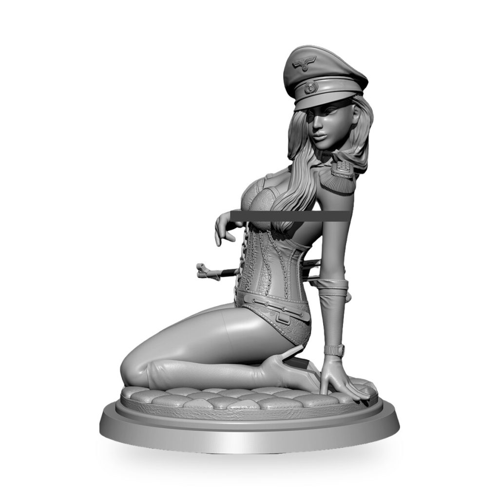 Unpainted resin figure of female officer in lingerie with cap and gun.